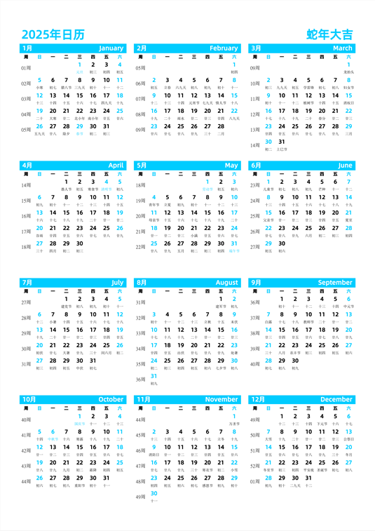 2025年日历 中文版 纵向排版 周日开始 带周数 带农历 带节假日调休